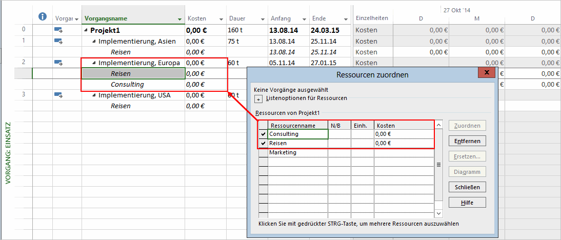 MS Project variable Kostenplanung - Vorgang mit Kosten