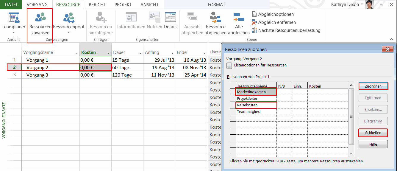 MS Project variable Kostenressourcen - Zuornung zu Vorgang