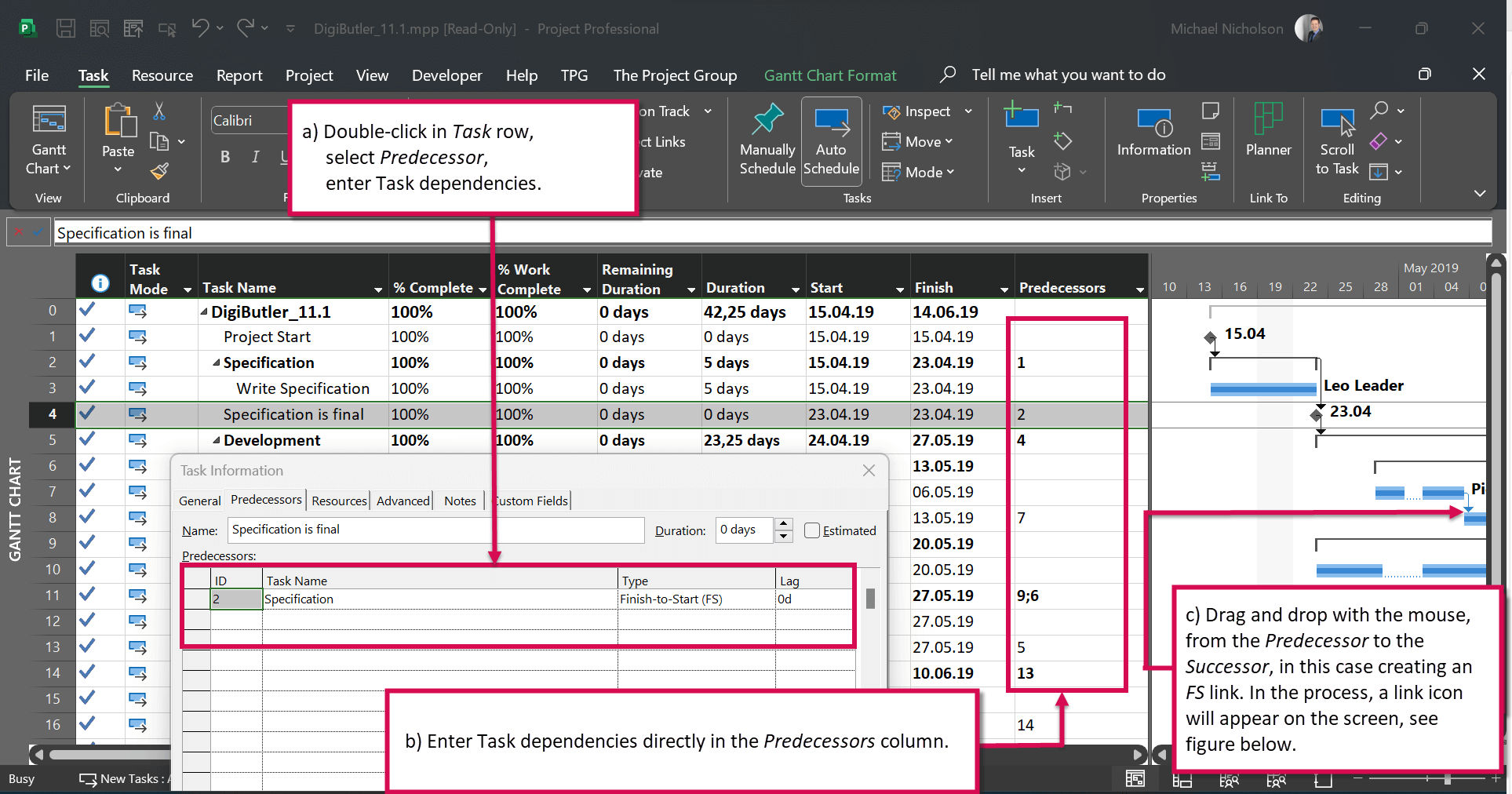 MS Project Tutorial –Creating a link (project plan example)