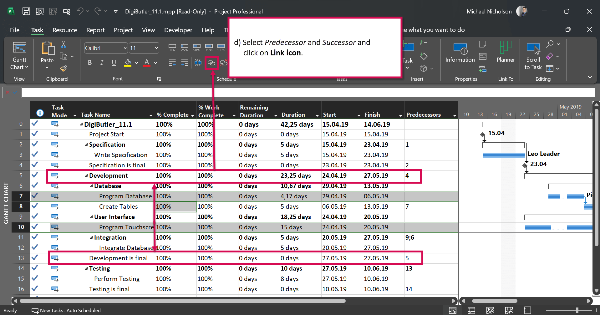 MS Project Tutorial – Creating a link via the Link icon (project plan example)