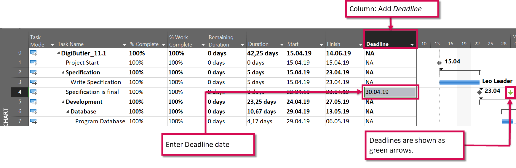 MS Project Tutorial – Set Deadlines