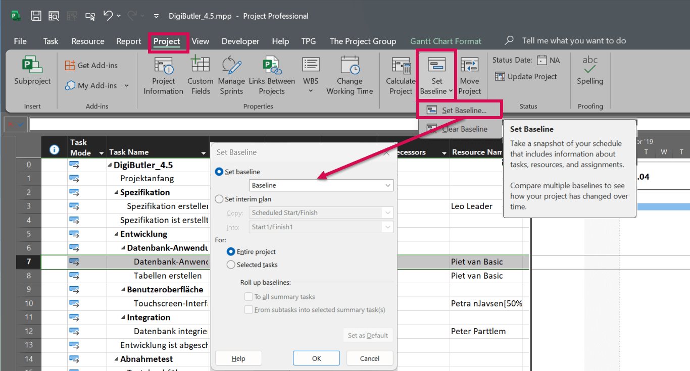 MS Project Tutorial – Set Baseline