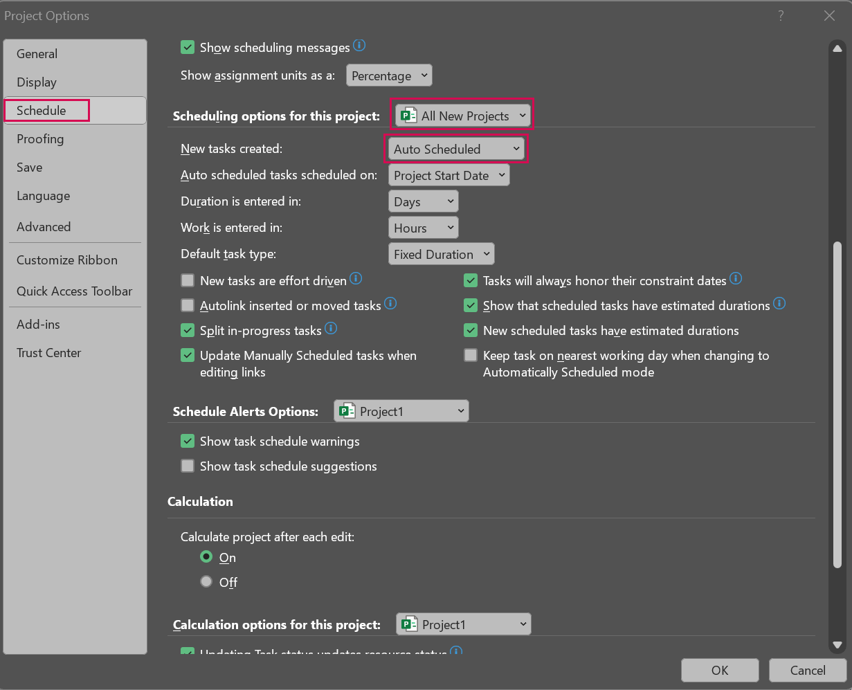 MS Project Tutorial – Figure: Scheduling options in MS Project