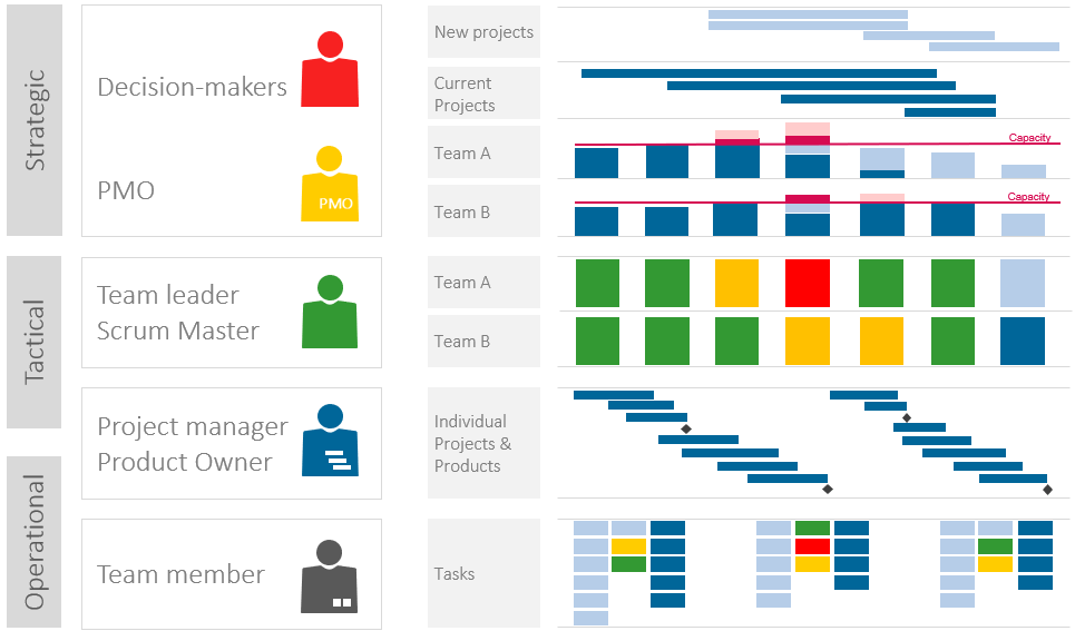 The three levels, and the roles involved, in company-wide project resource management