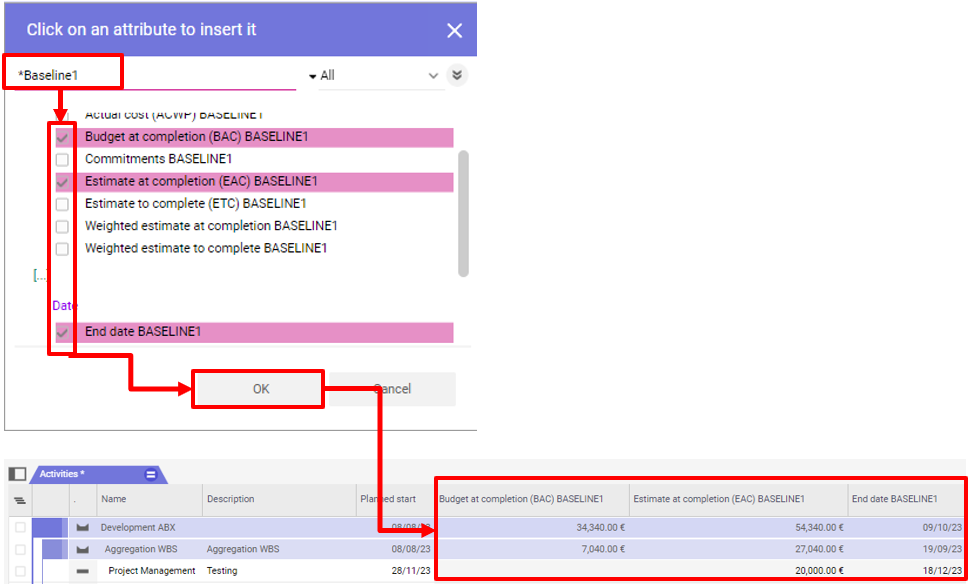 Afficher les champs de baseline dans une table