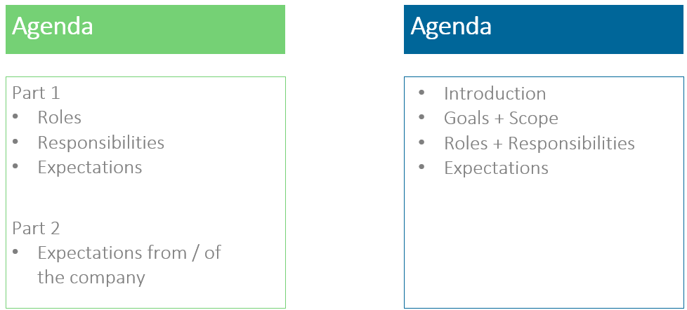 Two examples of an agenda for the role clarification workshop (© Angelika Collisi)