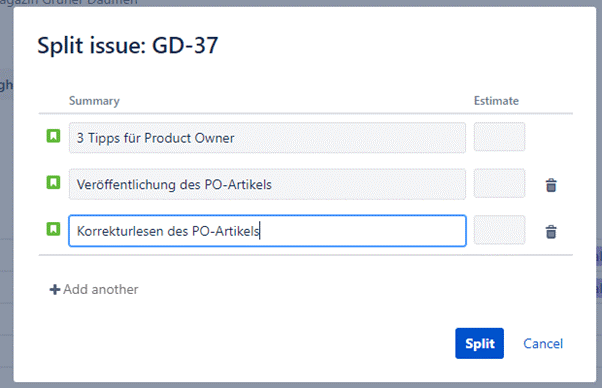Jira Tips for Product Owners – Splitting Jira Stories dialog