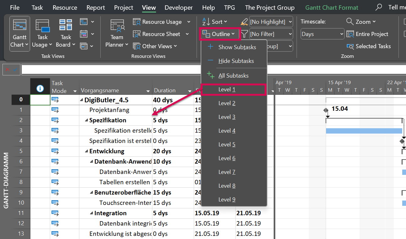 Choosing an outline level