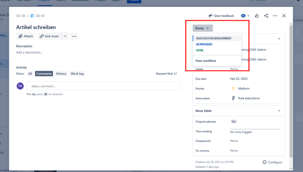 Jira Developer Confluence - Aktualisierung eines Issuestatus
