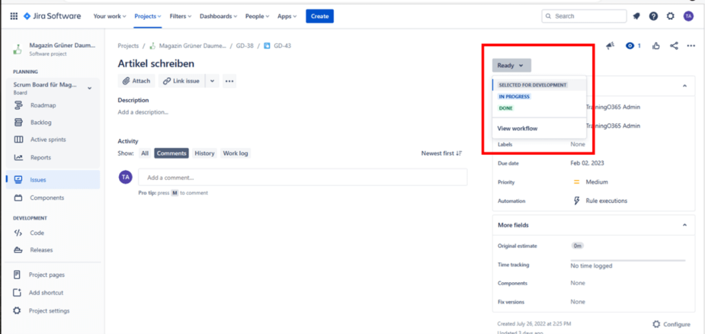 Jira Developer Confluence - Issue-Vollbildansicht 