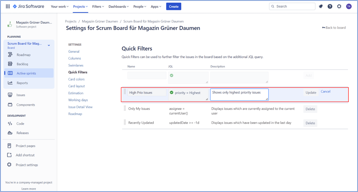 Scrum Master Jira – A Quick Filters for priority 1