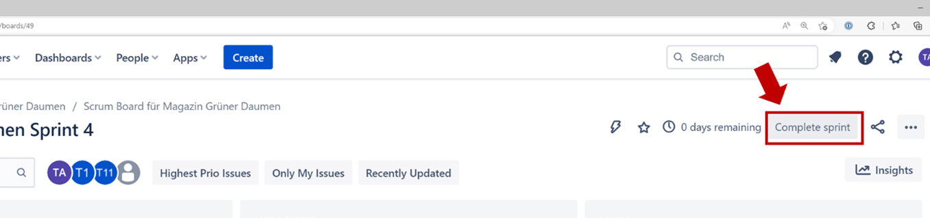 Jira for Scrum Masters – Step 1: Click “Complete Sprint” in the active Sprint view in a Scrum project