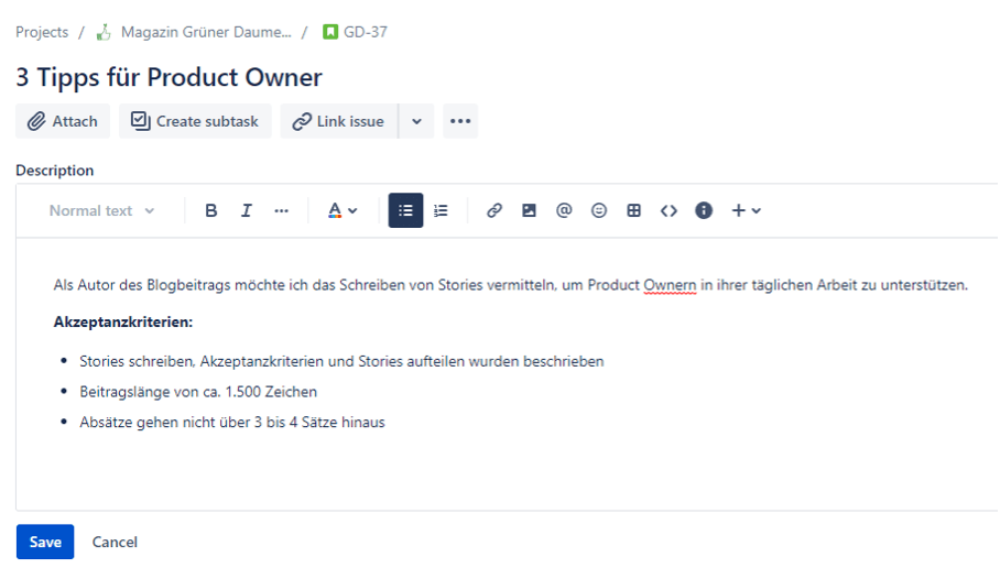 Akzeptanzkriterien für Stories in Jira