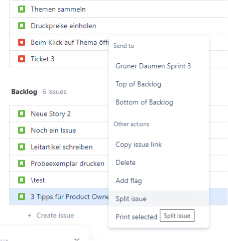 Jira Split-Funktion
