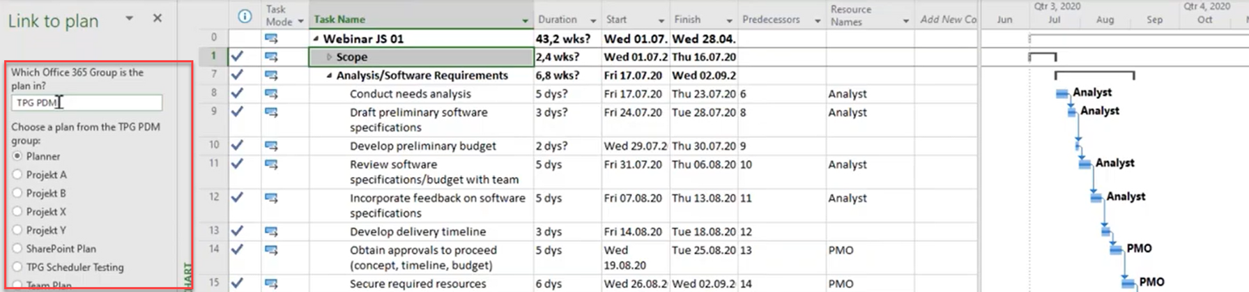 Auswahl Plan: MS Planner Project Online Integration