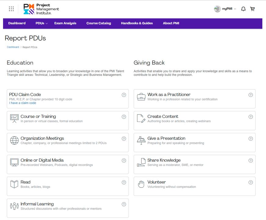 PMP Rezertifizierung - Übersichtsseite des CCRS