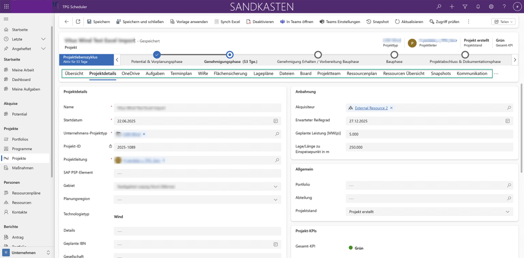Beispiel PPM-Tool für Energiebranche - Einzelprojekt mit Projektfunktionen